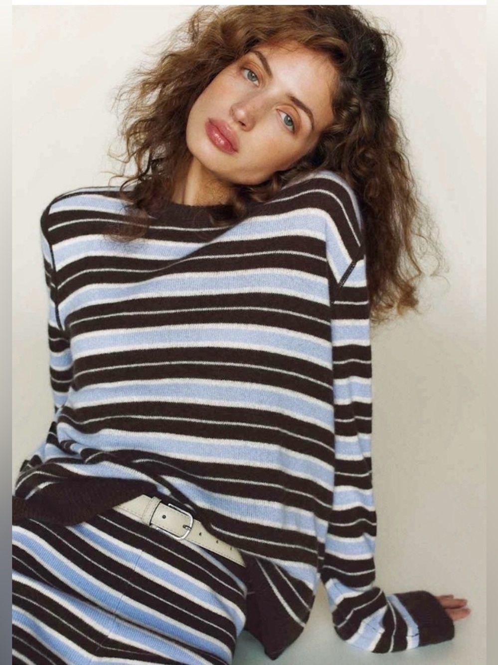 Reformation Boyfriend Cashmere Striped Knit Sweater in Brown and Light Blue